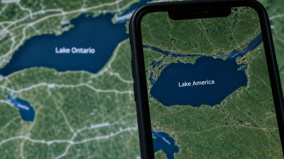 A digital map of the Great Lakes region showing Lake Ontario relabelled as Lake America on a smartphone mapping application.