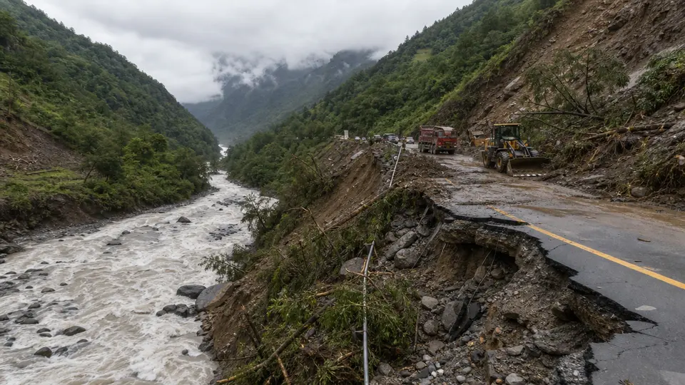 Heavy machinery and rescue vehicles operating on a reopened mountain road near the Gyirong border crossing in Tibet following glacial flood damage.