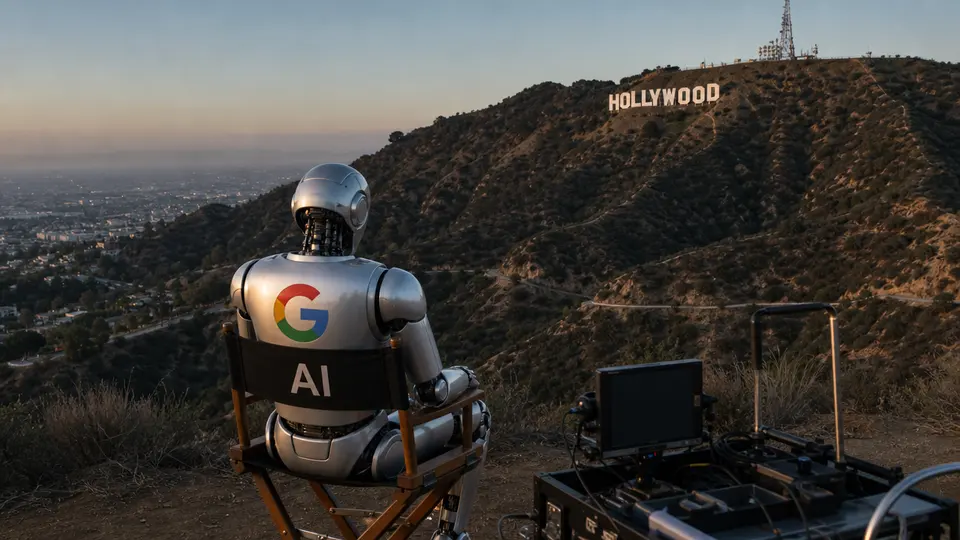 Sede de Google con carteles de películas de Hollywood al fondo, ilustrando las negociaciones sobre licencias de inteligencia artificial