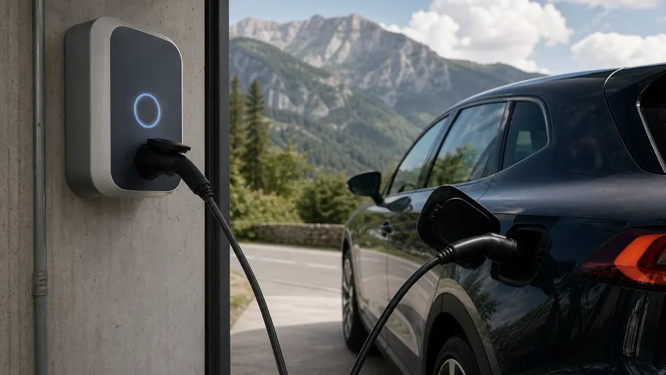 Electric vehicle connected to an AC wallbox charger mounted on a garage wall, cable attached to the car's charging port