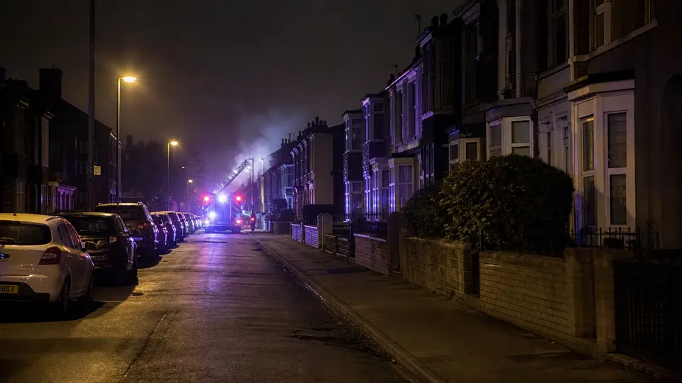 Emergency services attending a residential house fire at night, with flames visible and firefighters working at the scene