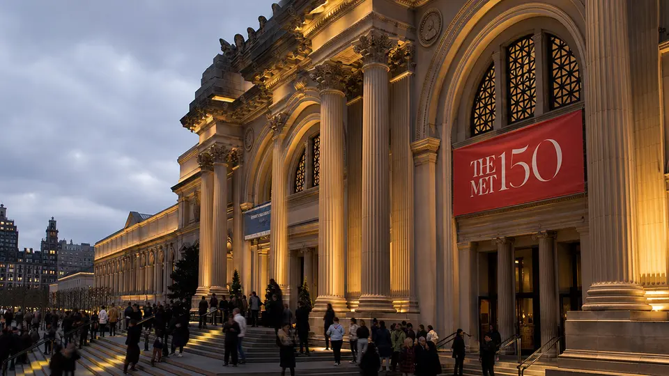 Empty red-carpeted entrance steps of the Metropolitan Museum of Art in New York, associated with the annual Met Gala