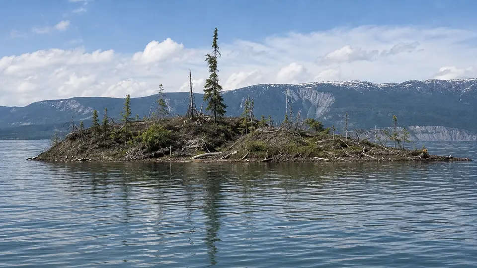 A dense floating island of coniferous and broadleaf trees drifting across the open water of Williston Lake in British Columbia.