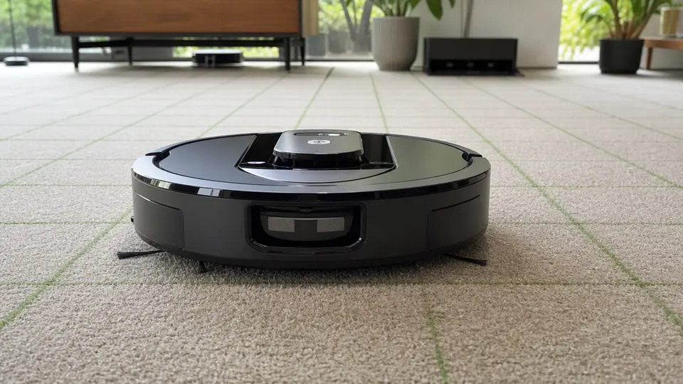El Roomba Max 875 Combo sobre moqueta con la falda selladora SealForce activa y la base de lavado automático al fondo.