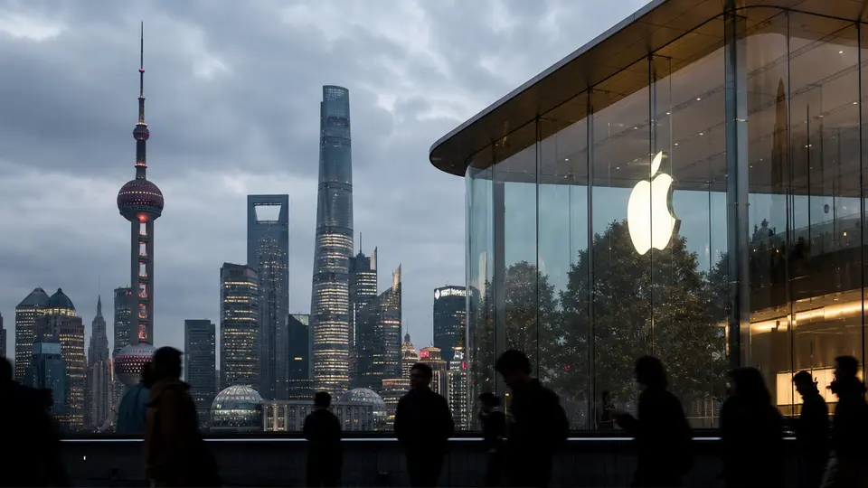 Tim Cook debout lors d'une rencontre officielle, symbolisant le rôle diplomatique d'Apple entre la Chine et les États-Unis.