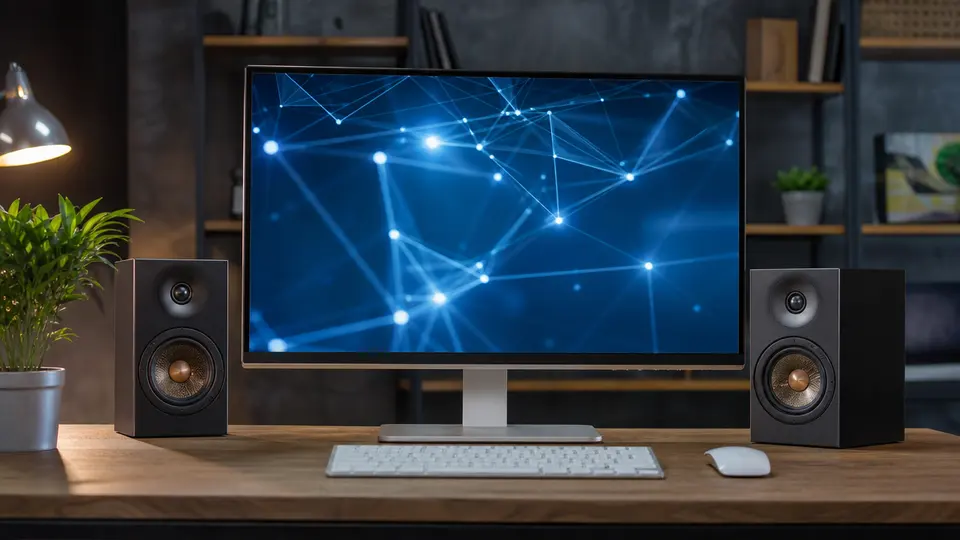 Paire d'enceintes de bureau Edifier R1850DB posées de part et d'autre d'un moniteur d'ordinateur, sur un bureau en bois