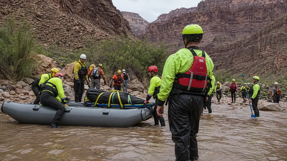Schlucht des Grand Canyon mit Anzeichen einer Überschwemmung und Einsatzkräften am Ufer