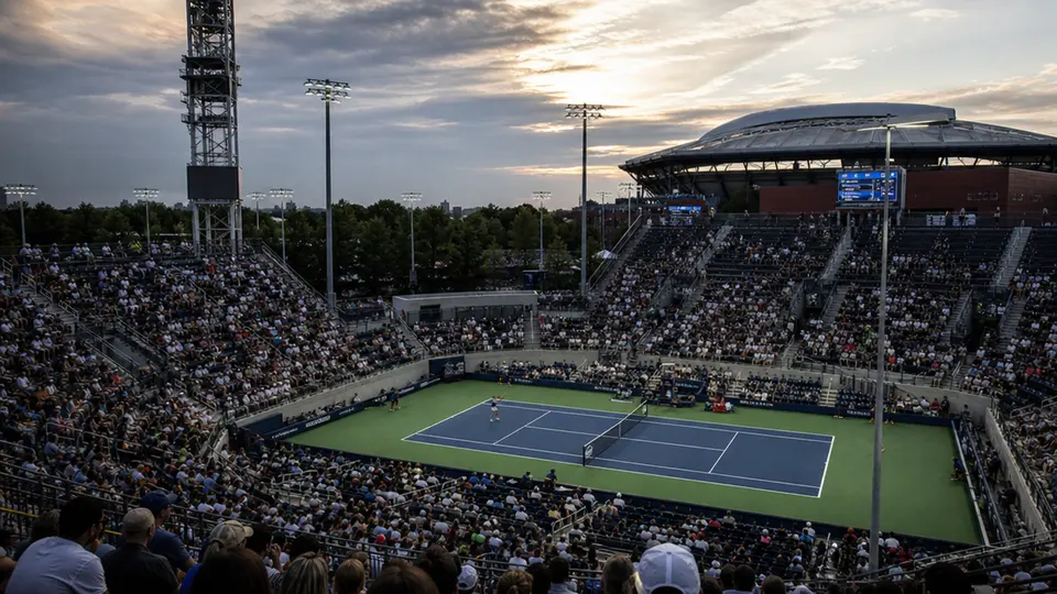 Play on Louis Armstrong Stadium at the 2026 US Open under lights on a rain-affected day four in New York.