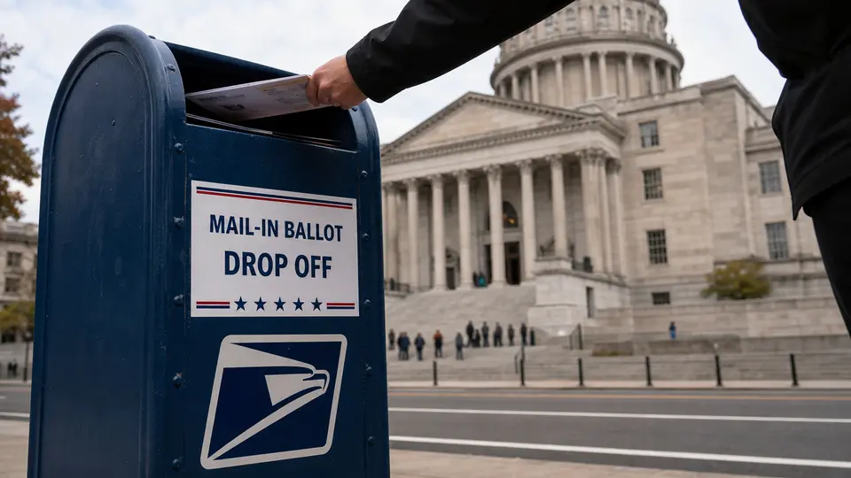 USPS delivery vans parked outside the main United States Postal Service headquarters in Denver during a July 2026 National Day of Action protest.